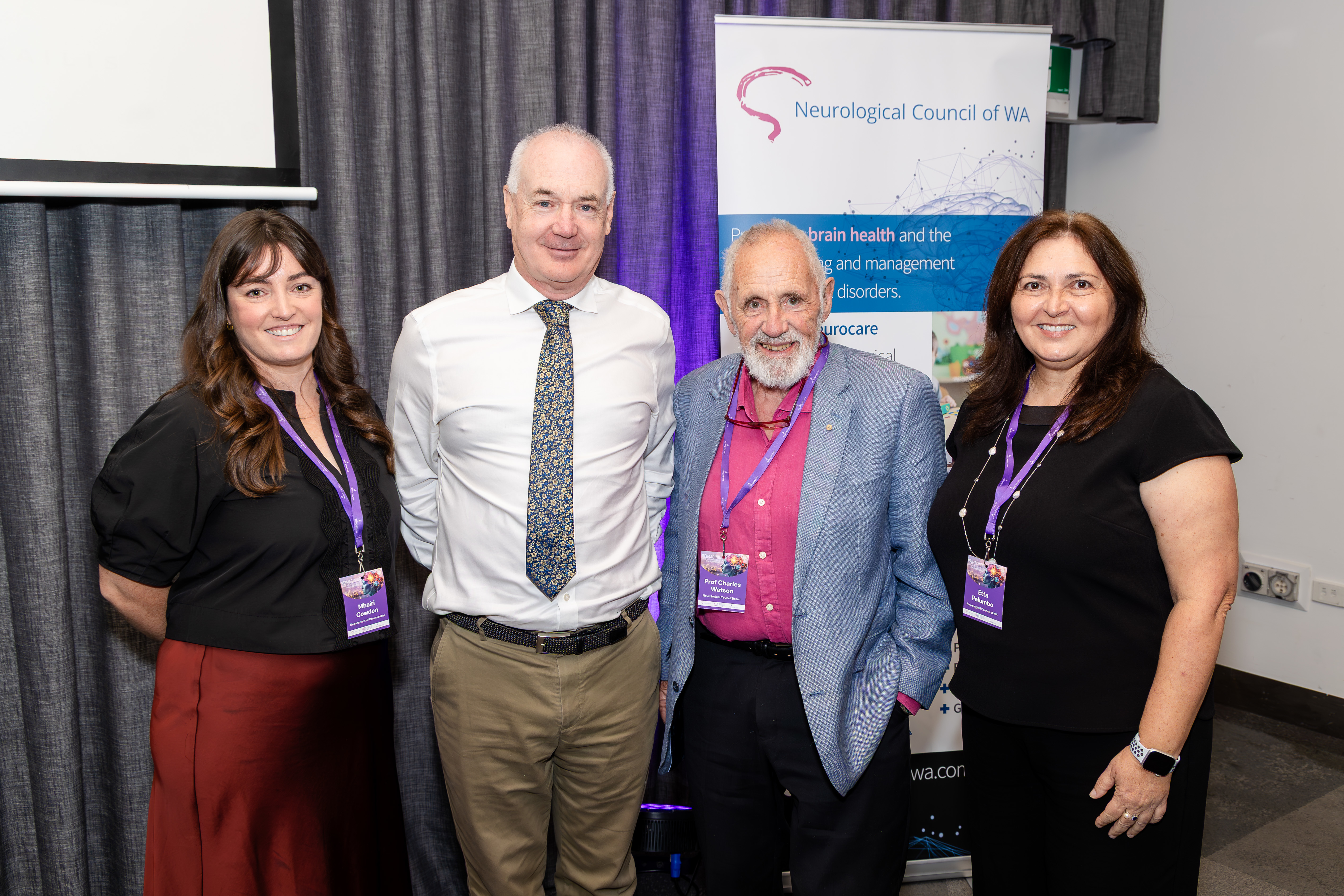 L to R: Dr Mhairi Cowden, Deputy Director General Disabilities, WA Department of Communities; Mr Rohan Greenland, CEO of MS Australia; Emeritus Professor Charles Watson, and Etta Palumbo, CEO of the Neurological Council of WA.
